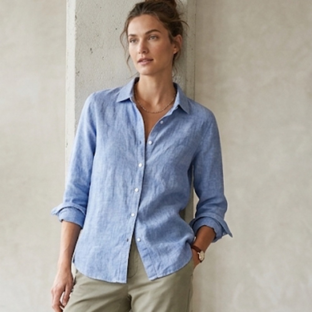 J. McLaughlin Shoreline Blue Linen Button Down Shirt Size 12